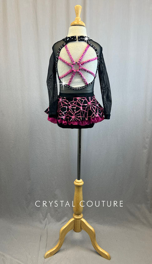 Custom Pink and Black Spiderweb Top and Skirt with Mesh and Rhinestones