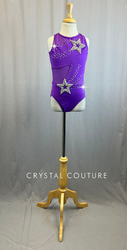 Custom Purple Leotard With Mesh Cutouts and Star Appliques and Rhinestones