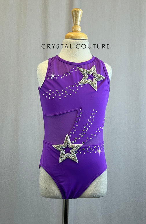 Custom Purple Leotard With Mesh Cutouts and Star Appliques and Rhinestones