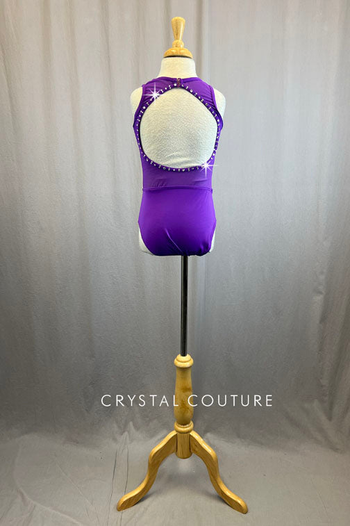 Custom Purple Leotard With Mesh Cutouts and Star Appliques and Rhinestones