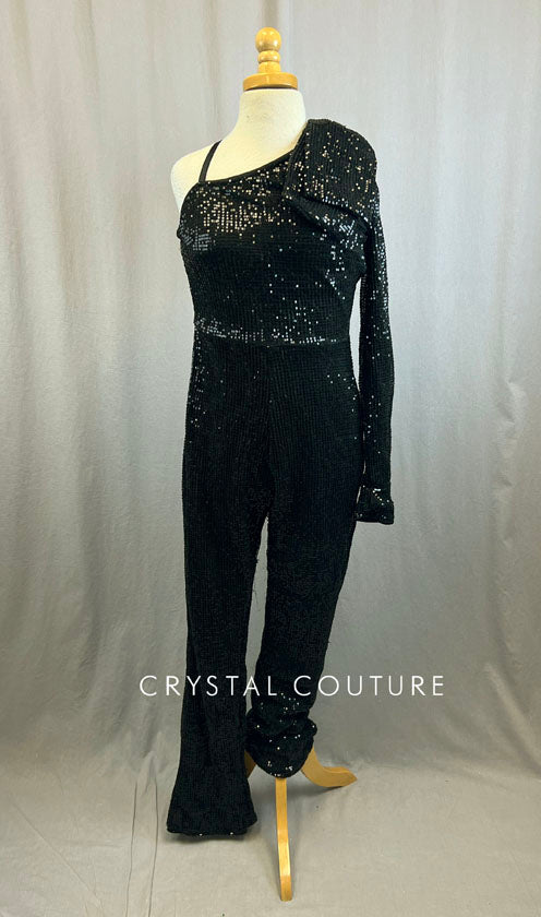 Black Sequin One Shoulder Jumpsuit With One Long Sleeve and Bow