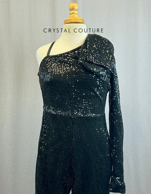 Black Sequin One Shoulder Jumpsuit With One Long Sleeve and Bow