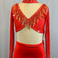 Custom Red Biketard With Nude Mesh Bodice and Neckline With Long Sleeves and Rhinestones