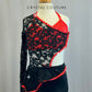 Custom Red and Black Biketard with Lace Bodice and Skirt and Rhinestones