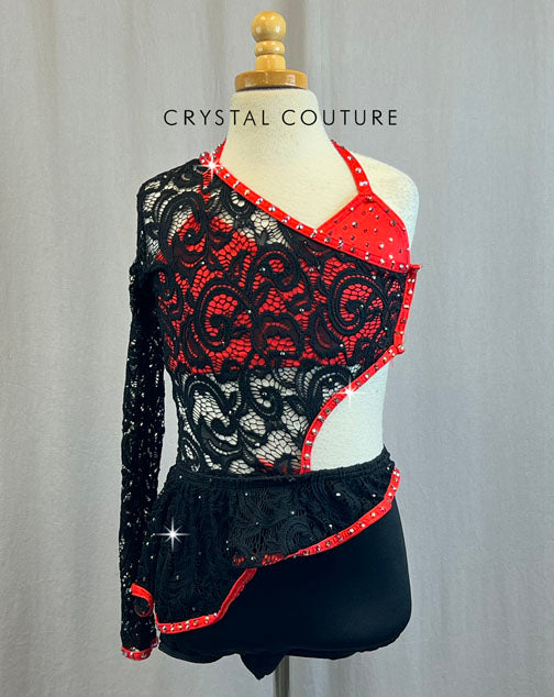 Custom Red and Black Biketard with Lace Bodice and Skirt and Rhinestones