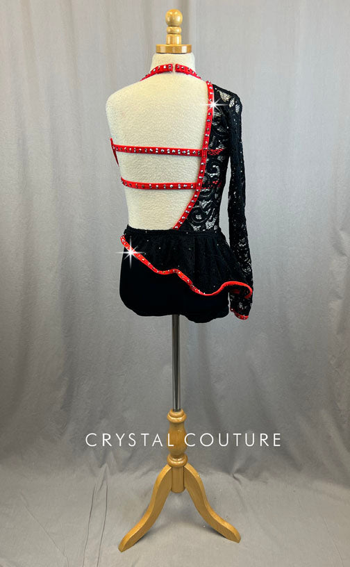 Custom Red and Black Biketard with Lace Bodice and Skirt and Rhinestones