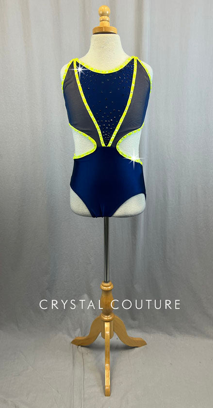 Navy And Electric Yellow Cutout Leotard With Rhinestones