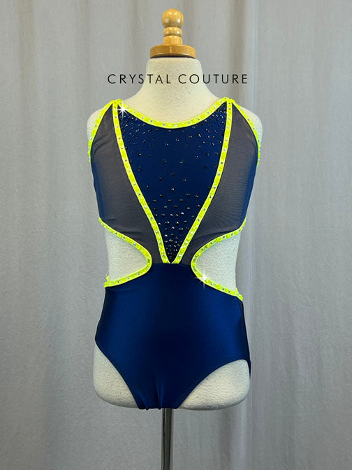 Navy And Electric Yellow Cutout Leotard With Rhinestones