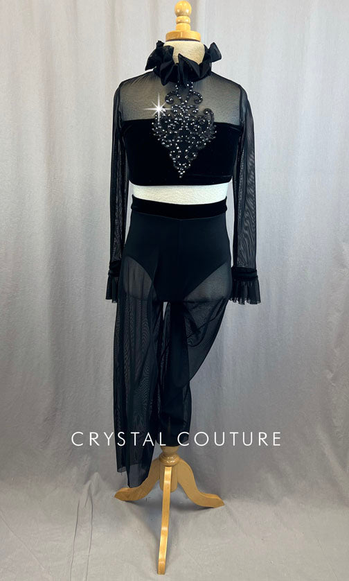 Custom Black Velvet Crop Top With Rhinestones and Mesh Pants With Attached Briefs