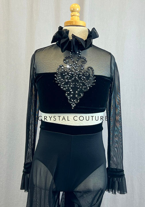 Custom Black Velvet Crop Top With Rhinestones and Mesh Pants With Attached Briefs