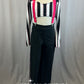 Black and White Stripe Crop Top and Black Dress Pants With Hot Pink Rhinestone Details and suspenders