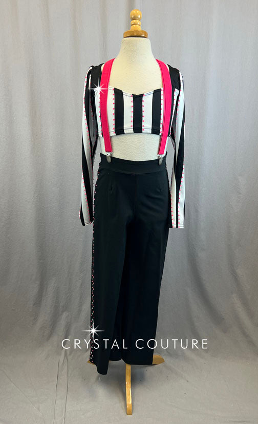 Black and White Stripe Crop Top and Black Dress Pants With Hot Pink Rhinestone Details and suspenders