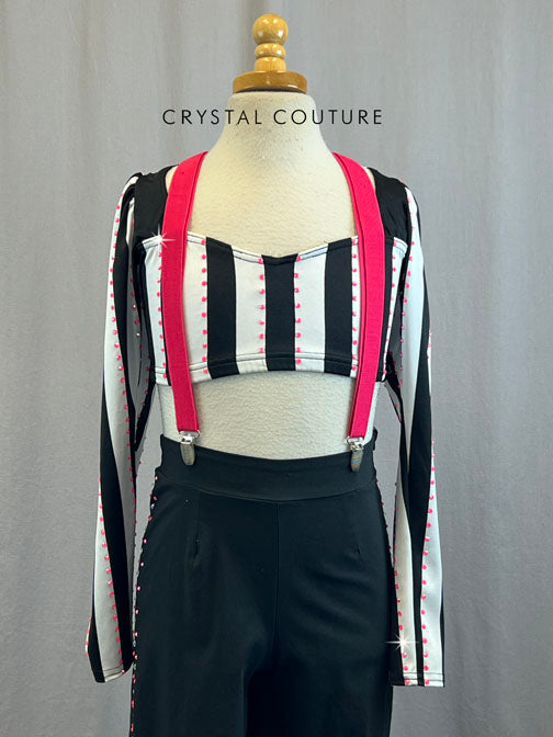 Black and White Stripe Crop Top and Black Dress Pants With Hot Pink Rhinestone Details and suspenders