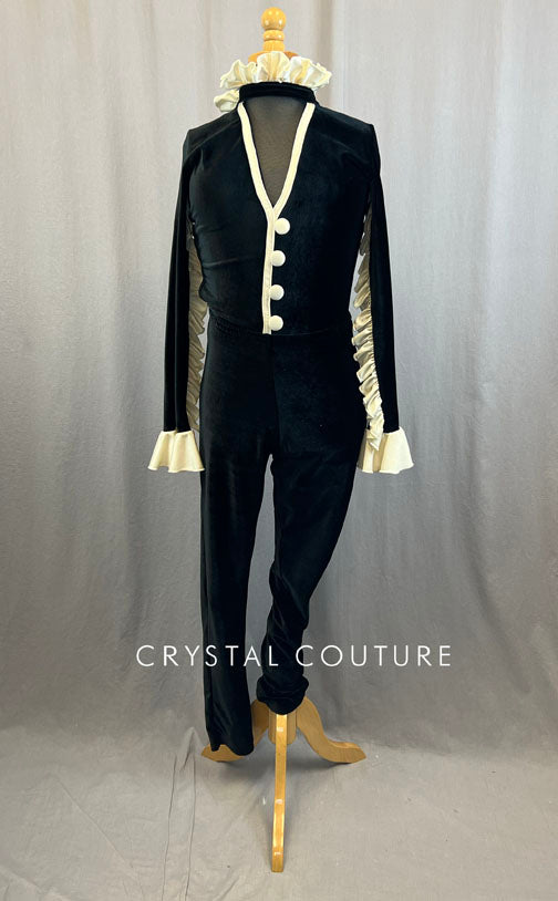 Custom Black Velvet Bodysuit With Ivory Lycra Ruffles and Trim