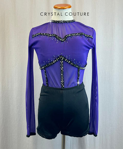 Custom Purple And Black One Piece Unitard With Mesh Bodice and Open Back With Rhinestones