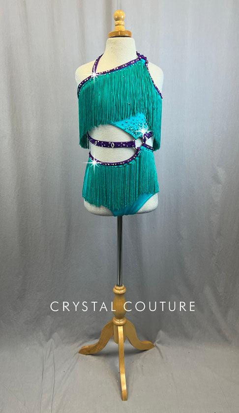 Custom Teal Green Fringe With Purple Trim and Rhinestones