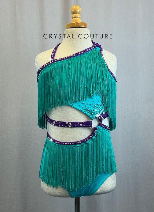 Custom Teal Green Fringe With Purple Trim and Rhinestones