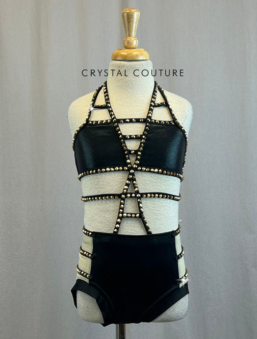 Custom Black Shiny Lycra Bra Top With Attached Briefs and Rhinestones