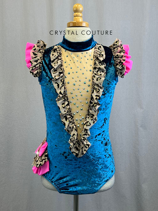 Custom Crushed Velvet Midnight Blue Leotard With Leopard and Hot Pink Ruffle Accents and Rhinestones