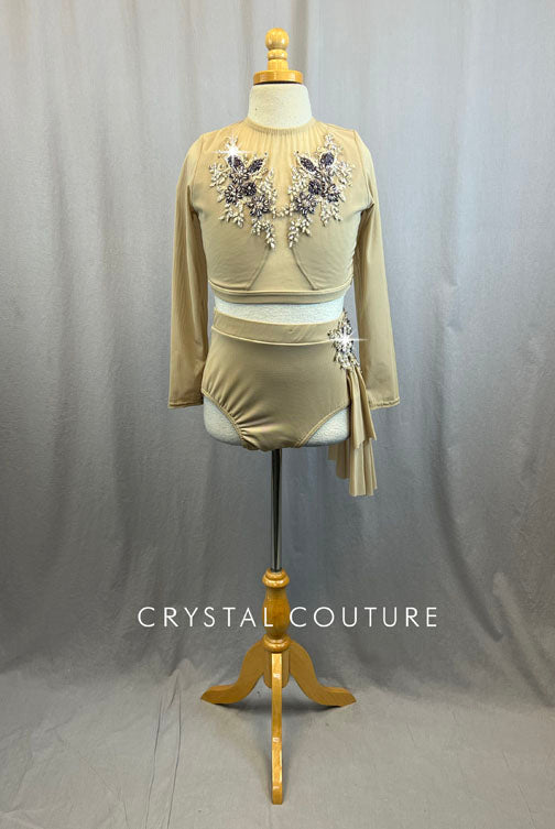 Custom Nude Lycra and Mesh Two Piece With Purple and Ivory Appliques and Rhinestones