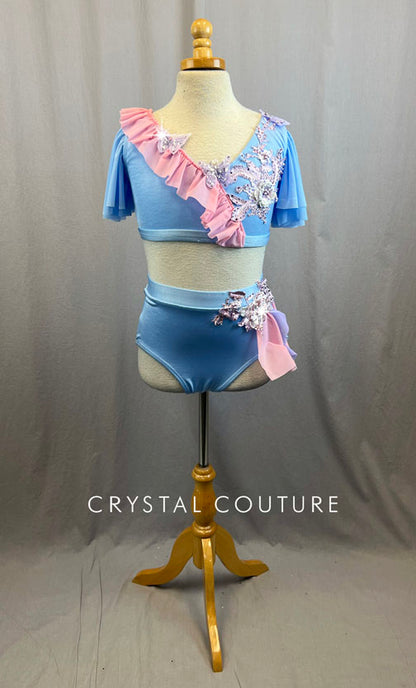 Custom Light Blue and Pink Two Piece With Rhinestones and Appliques