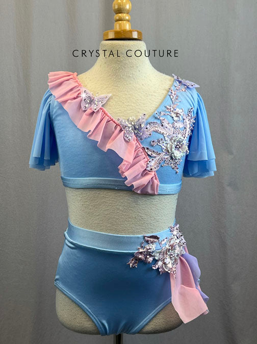 Custom Light Blue and Pink Two Piece With Rhinestones and Appliques