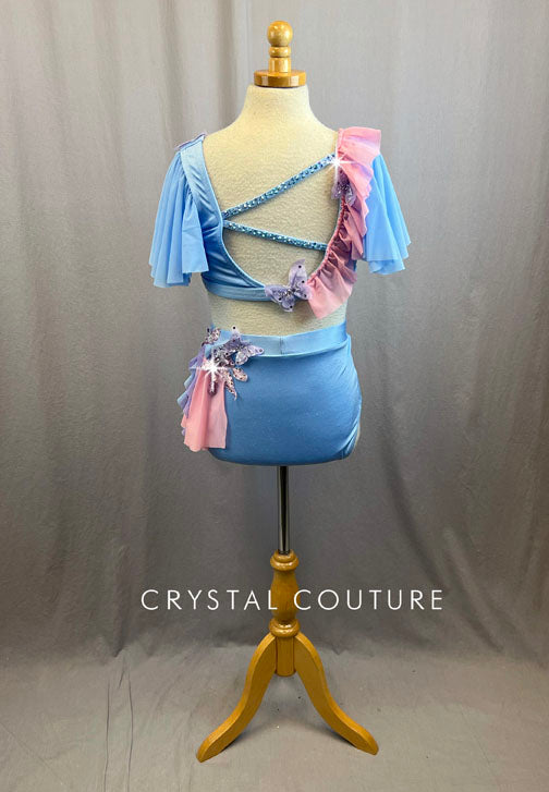 Custom Light Blue and Pink Two Piece With Rhinestones and Appliques