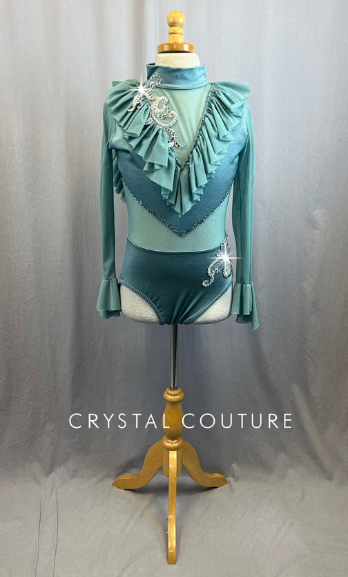 Custom Sage Green Leotard With Mesh Ruffle Neckline and Long Sleeves With Rhinestones