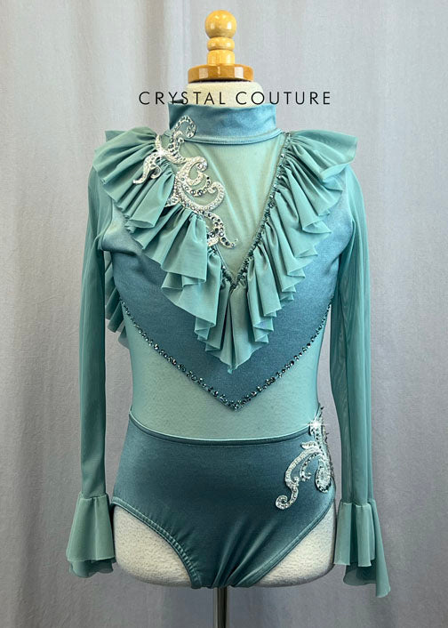 Custom Sage Green Leotard With Mesh Ruffle Neckline and Long Sleeves With Rhinestones