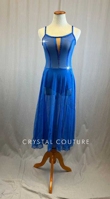 Custom Blue Lyrical Dress with Long Mesh Skirt with Rhinestones