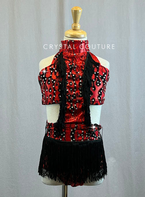 Red Fire Pattern Shimmer Lycra Leo with Black Fringe