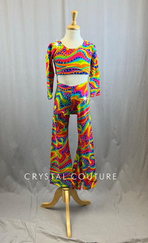 Psychedelic wave Multi Colored Crop Top and Bell Bottom Pants