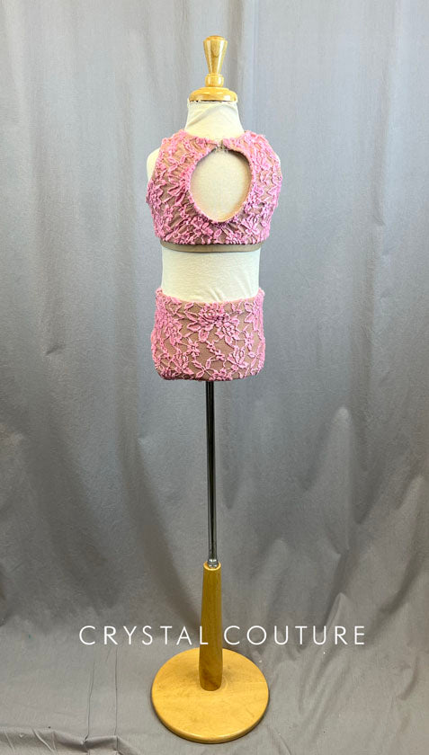 Custom Baby Pink Lace and Nude Lycra Two Piece