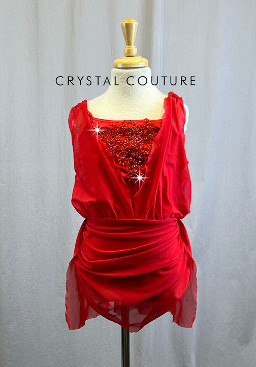 Red Rouched Dress with Applique - With Rhinestones