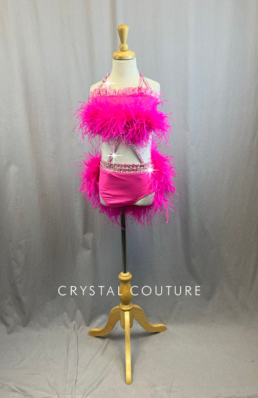 Custom Hot Pink Top and Brief Connected by Straps with Feathers - With Rhinestones