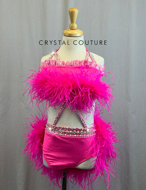 Custom Hot Pink Top and Brief Connected by Straps with Feathers - With Rhinestones