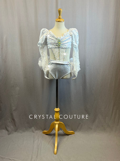 Custom White Long Sleeve Leotard with Cutouts and Lace Detailing - With Rhinestones