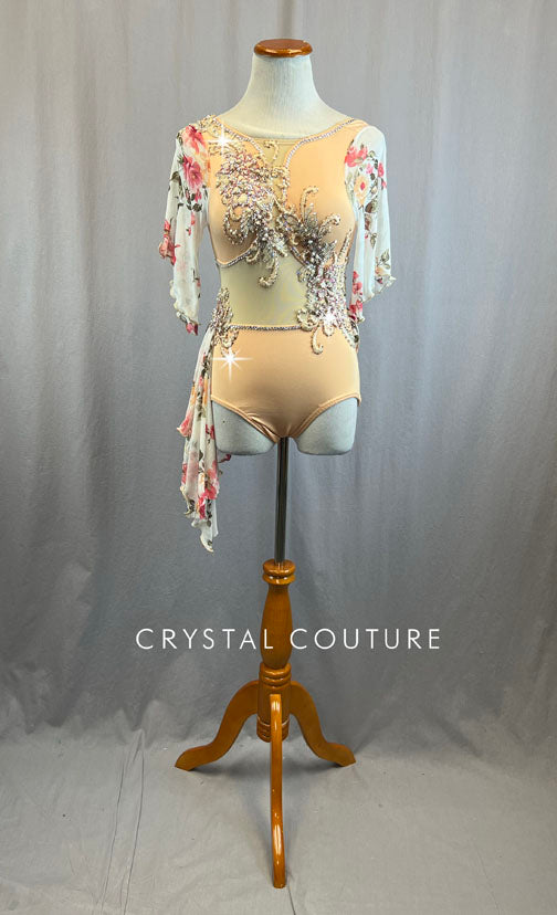 Custom Peach Leotard with Floral Mesh and Appliques with Rhinestones