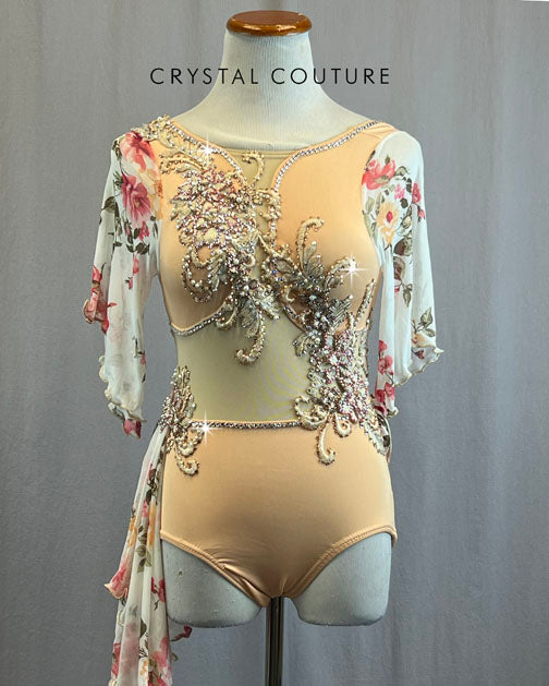 Custom Peach Leotard with Floral Mesh and Appliques with Rhinestones