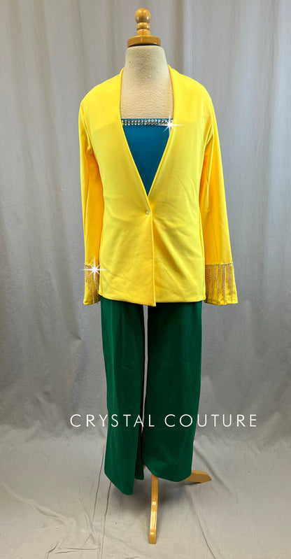 Tri Color 3-Piece Set - Yellow Jacket, Blue Sports Bra and Green Pants - Rhinestones