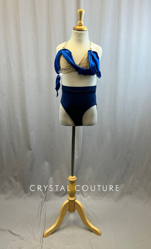 Nude Bra Top with Royal Blue Satin Fabric and Navy Blue Brief - Rhinestones
