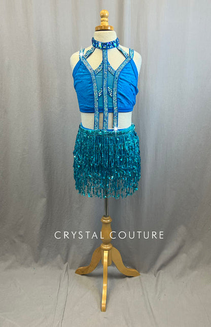 Turquoise Strappy Lace Leotard with Sequin Fringe Skirt - With Rhinestones