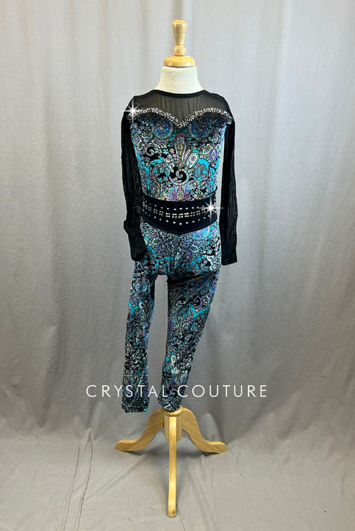 Custom Purple and Teal Paisley Velvet Unitard with Rhinestones