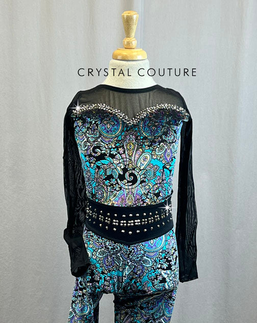 Custom Purple and Teal Paisley Velvet Unitard with Rhinestones