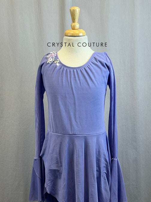 Custom Soft Lavender Mesh Bell Sleeved Lyrical Dress with Rhinestones