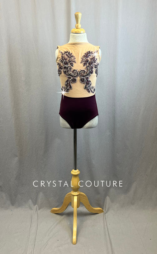 Custom Nude and Plum Leotard with Rhinestoned Plum Floral Appliques and Rhinestones