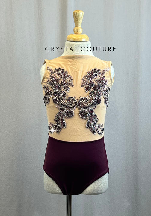 Custom Nude and Plum Leotard with Rhinestoned Plum Floral Appliques and Rhinestones