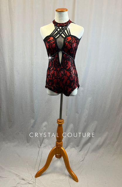 Custom Red and Black High Neck Leotard - Rhinestones