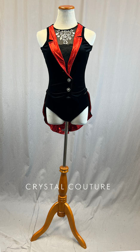 Black Velvet Leotard with Red Mystique Trim and Coattails
