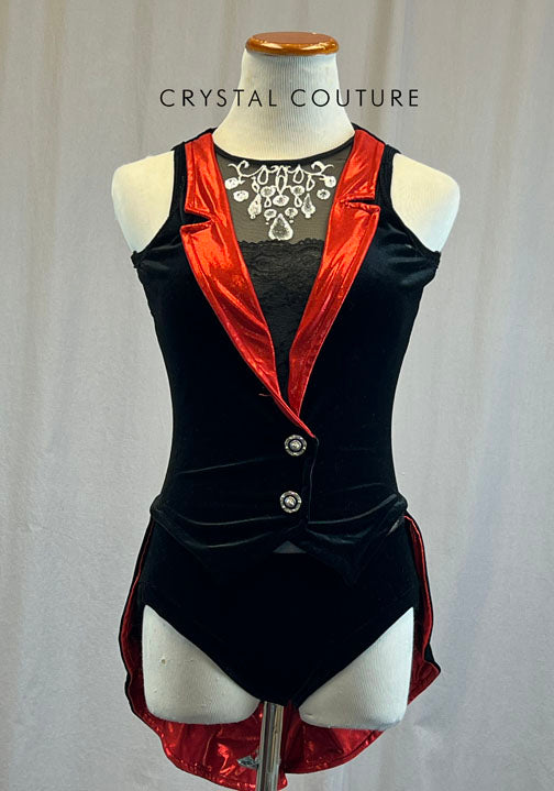 Black Velvet Leotard with Red Mystique Trim and Coattails